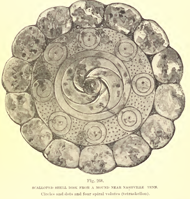 Mississippian culture carved shell gorget with a swastika-like motif.