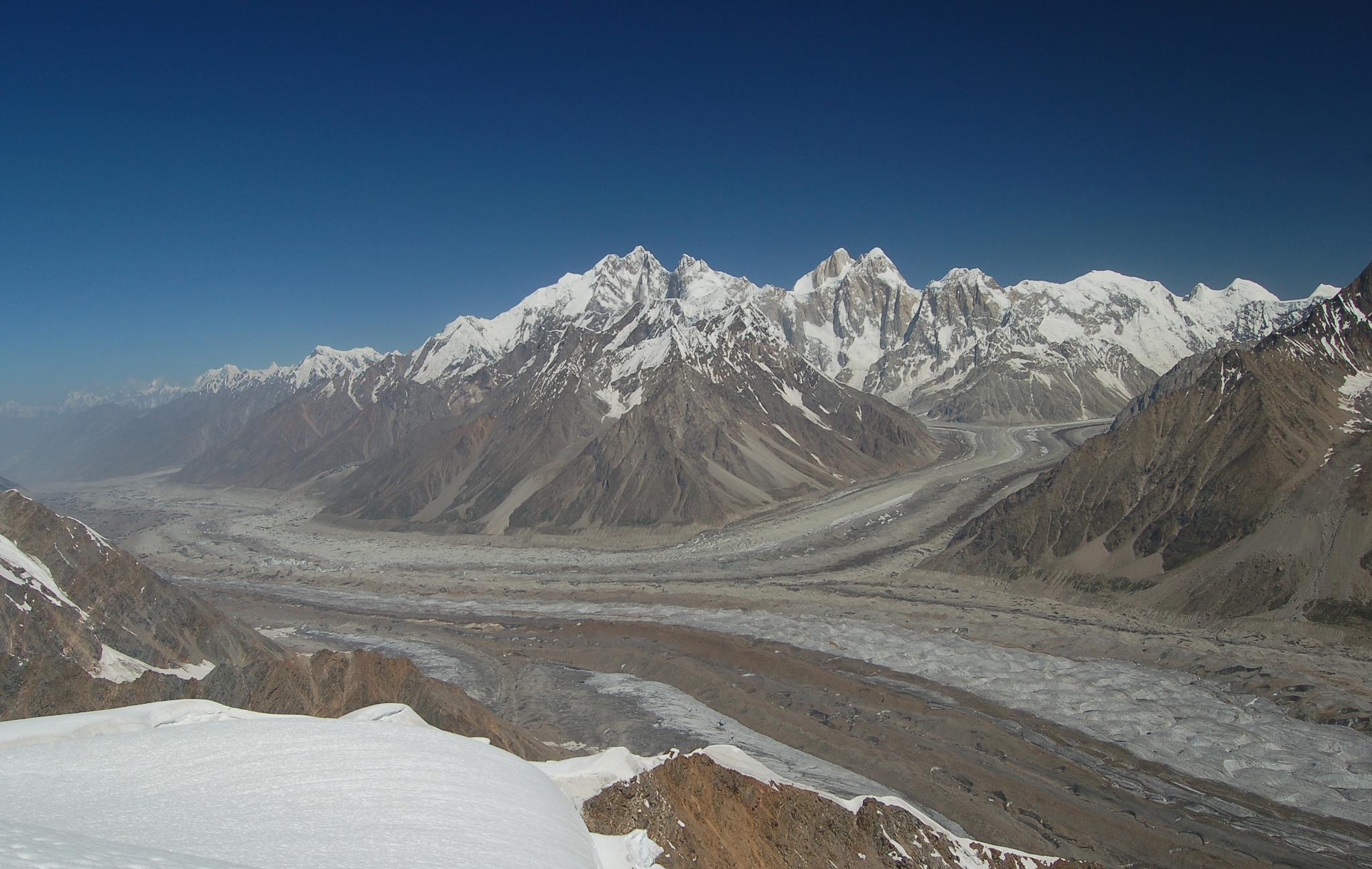 Pumari Chhish, Hispar glacier, Hispar Pass, The Hispar and Jutmao glaciers with the Kunyang Chhish 7852 m and Pumari Chhish 7492 m massifs rising above Hispar valley Nagar Gilgit Baltistan Pakistan