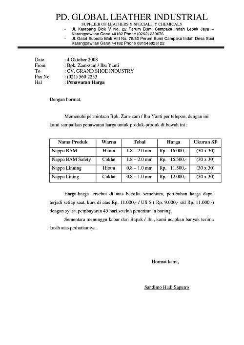 Contoh Surat Permintaan Penawaran Barang Alat Tulis Kantor 