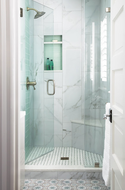 bathroom shower with glass tiles