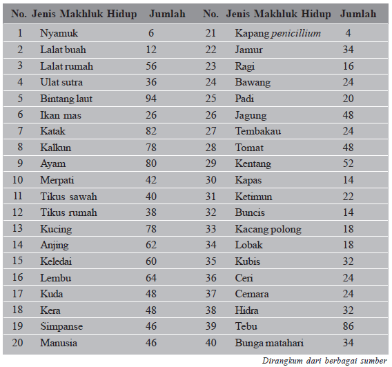 Tabel Jumlah kromosom pada berbagai jenis makhluk hidup