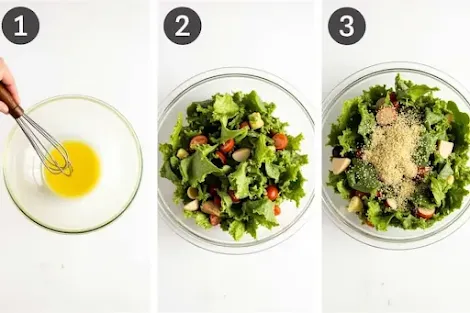 Steps to make Olive Garden salad: dressing, tossing, serving
