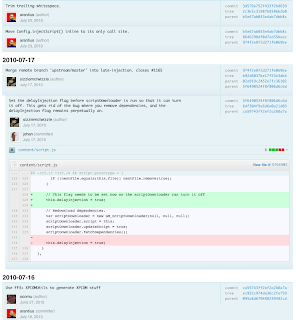 screenshot of github commits page with the user script active