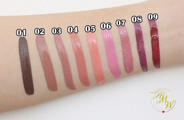 a swatch photo of Cathy Doll Nude Me Liquid Lip Matte Review.  Shades True Brown, Nude Brown, Rose Embroidery, Rose Bloom, Peach Me, Dusty Rose, Moss Rose, Aggie Maroon and Burgundy Red