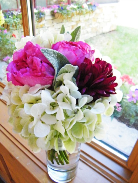 The bridesmaids bouquets were made of white Hydrangea and Roses Pink Peony