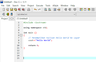 Source program hello world di C++ dengan Dev-C++