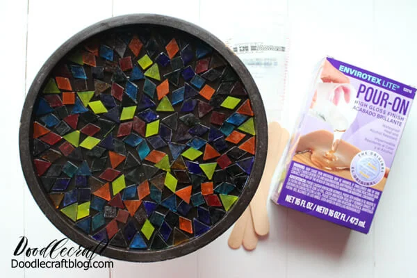 STEP 2 OF HOW TO MAKE A MOSAIC RESIN CAKE STAND: Secondly, mix up the high gloss resin according to the package directions. Mix 1 part resin and 1 part hardener together for 2 full minutes.