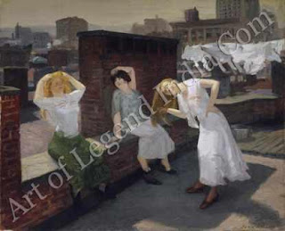 Sunday, Women Drying their Hair, John Sloan chose not to portray the moneyed classes popular with the 'genteel tradition' at the turn of the last century, but the unpretentious, yet picturesque, lower-middle class life of back-street New York. 