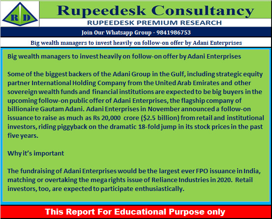 Big wealth managers to invest heavily on follow-on offer by Adani Enterprises - Rupeedesk Reports - 10.01.2023