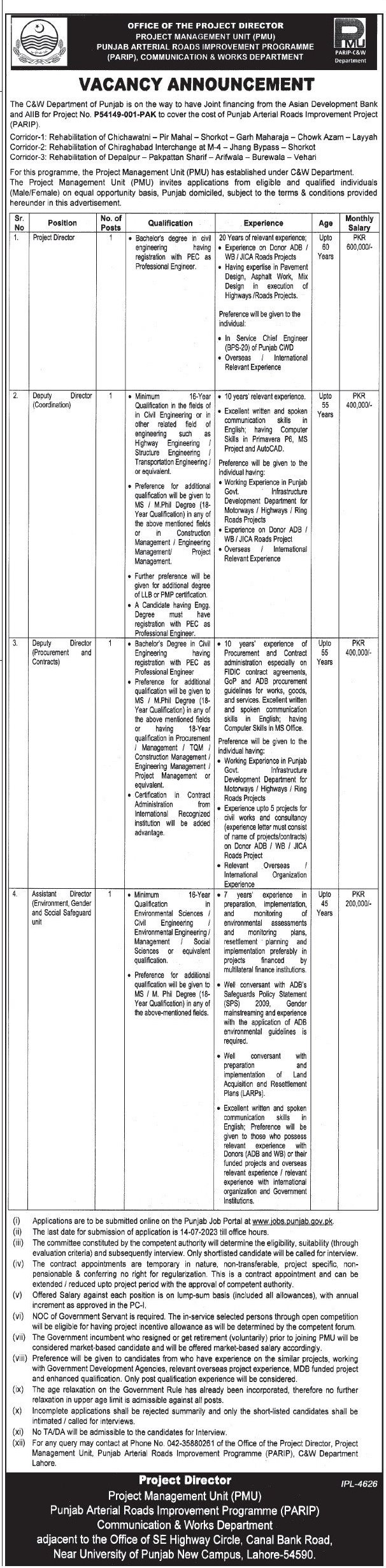 Pakistan's Communication & Works Department's Project Management Unit (PMU), Project Director