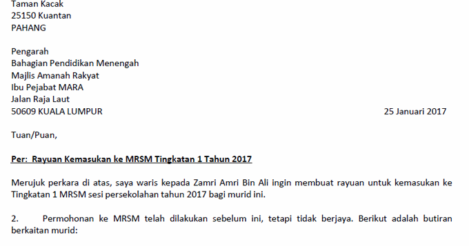 Format & Contoh Surat Rayuan Kemasukan ke MRSM