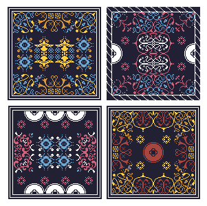quatro composições quadradas em pixel art se assemelhando a tapeçarias coloridas abstratas