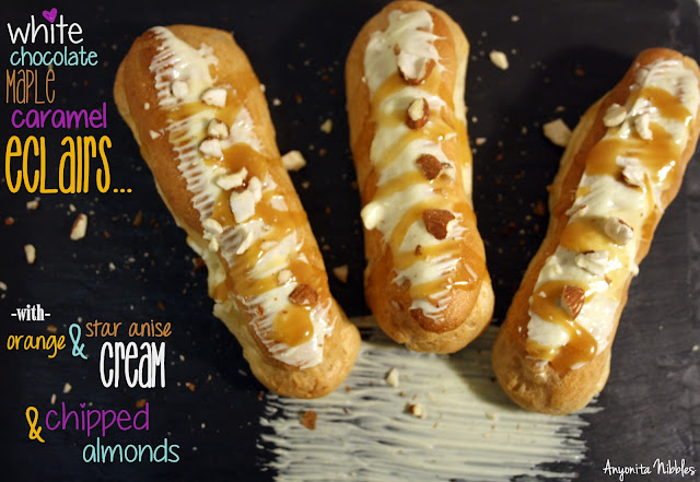 White Chocolate & Maple Caramel Eclairs with Orange & Star Anise Cream & Chipped Almonds