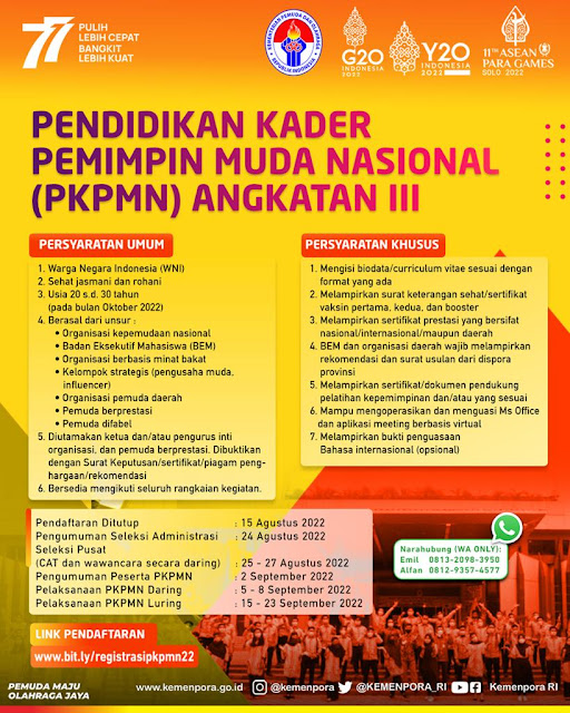  Kemenpora RI mencari kader muda pemimpin bangsa untuk mengikuti  Pendaftaran Pendidikan Kader Pemimpin Muda Nasional (PKPMN) Angkatan III Kemenpora RI Tahun 2022