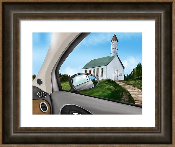 painting of a church through a car window