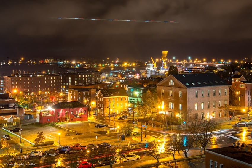 Portland, Maine USA November 2016 photo by Corey Templeton of skyline over Spring Street looking south on a rainy evening.