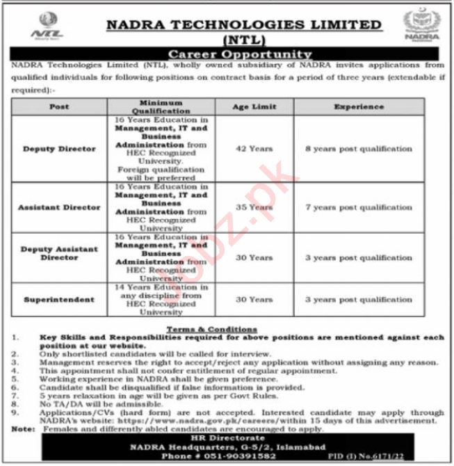 Jobs in Nadra Technologies Limited NTL