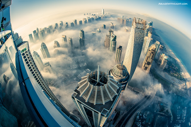 Photo of Dubai Marina skyscrapers as seen from the 85th floor of the Princess Tower