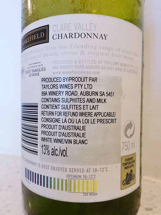 Wakefield Clare Valley Estate Chardonnay 2018 (back label)