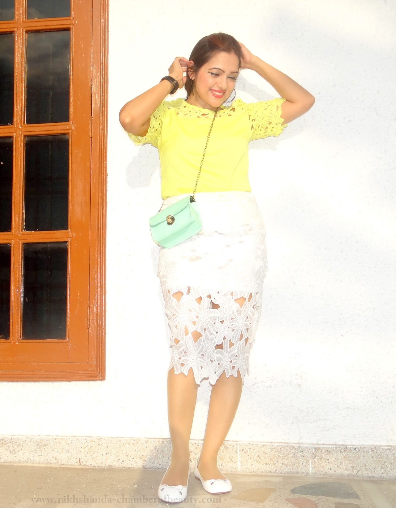 Lace on Lace-OOTD | How to style a lace top, Lace top from cndirect.com, summer fashion trends 2015, yellow lace top, Indian fashion blogger, Chamber of Beauty