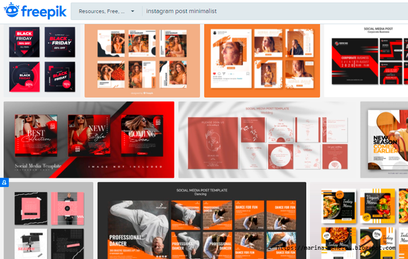 A imagem mostra uma captura de tela do site Freepik com vários modelos de post para instagram como resultado da busca de imagens do site