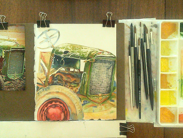 virtual studio tour vintage tractor watercolor in progress 2016 Christy Sheeler