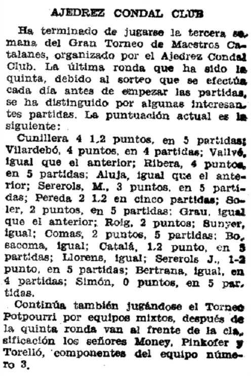 I Torneo de Maestros del Comtal 1934, recorte