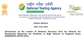 Declaration of the results of National Entrance Test for Scheme for Residential Education for Students in High Schools in Targeted Areas (SHRESHTA-NETS)-2023.