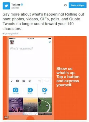 Twitter’dan yenilik: Fotoğraf, video, GIF, anket ve alıntı 140 karakterden sayılmayacak
