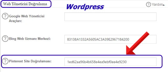 “Pinterest Site Doğrulaması” yazan pencereye biraz önce aldığınız Pinterest meta rakamlarını yapıştırın ve kaydedin.