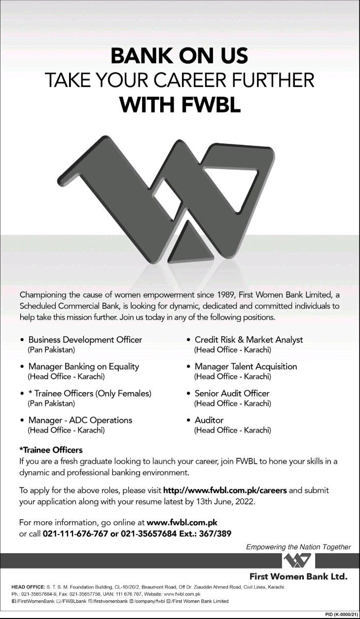 First Women Bank Limited FWBL Jobs 2022 – www.fwbl.com.pk