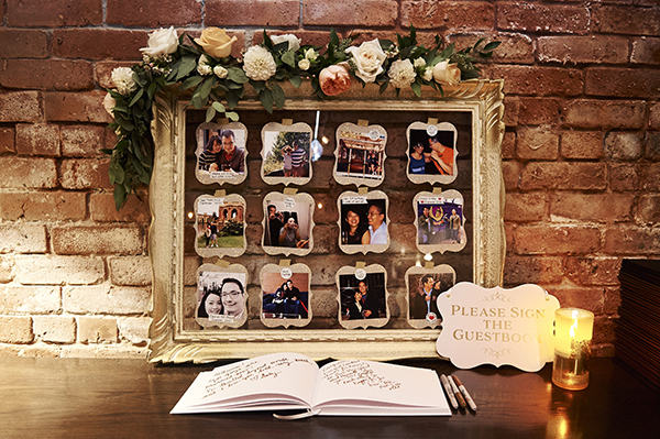 DIY photo collage featuring Bespoke Decor rented gold glass frame, decorated with a floral garland by Flower Factory