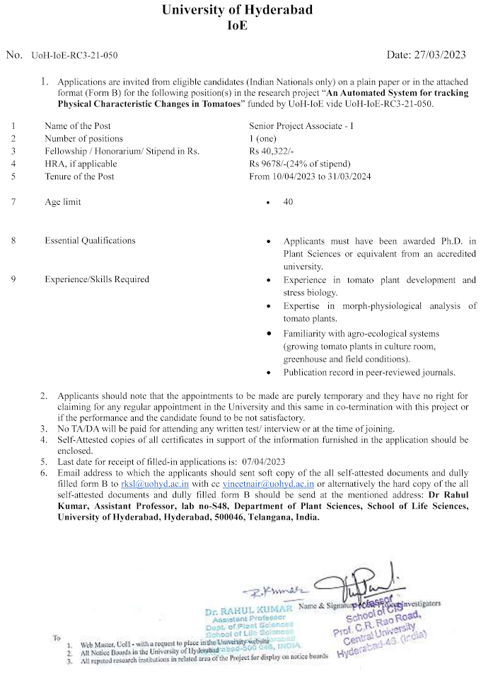 Plant Developmental Biology/Stress Biology Project Vacancy @ University of Hyderabad