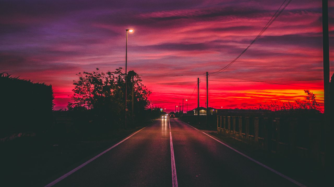 Wallpaper Road Sunset Horizon Marking
