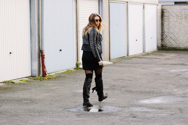 Takko Blazer, Femme Seven Schal, shades of grey, overknees, Overknee boots, sunglasses, german fashionblogger, Hamburg Modeblogger, Herbst Trend 2013, dots, hosiery, gepunktete Strumpfhose,