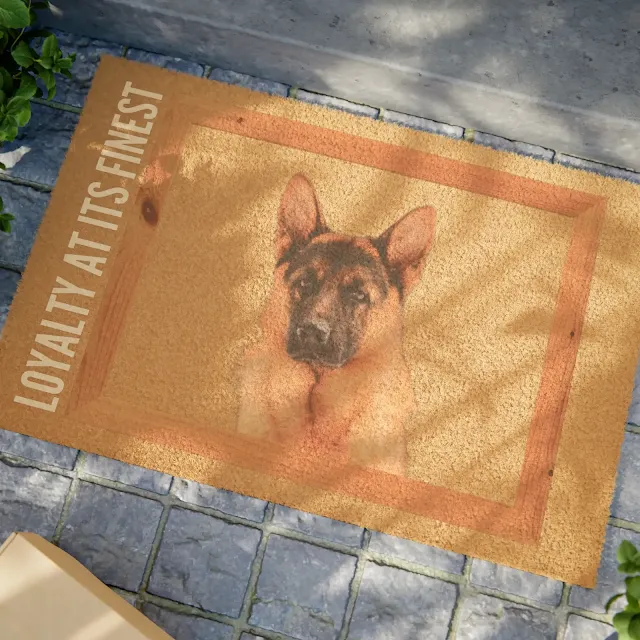 Doormat With Tan and Black Large German Shepherd Head Inside the Wooden Frame and Caption Loyalty at its Finest