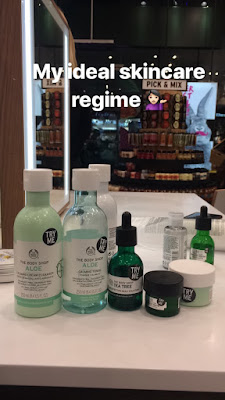 Instagram story featuring "My ideal skincare regime" following skin consultation at The Body Shop Liverpool Blogger's event. Featuring in order, Aloe Calming Cream Cleanser, Aloe Calming Toner, Tea Tree Imperfection Daily Solution, Drops of Youth Bouncy Eye Mask and Aloe Soothing Night Cream.