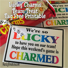 Celebrate your team and wish them good luck on their next game with this free tag printable.  Using a Lucky Charms breakfast bar, simple tie the Lucky Charms tag for a simply yet delicious way to wish your team some magical charm this weekend.