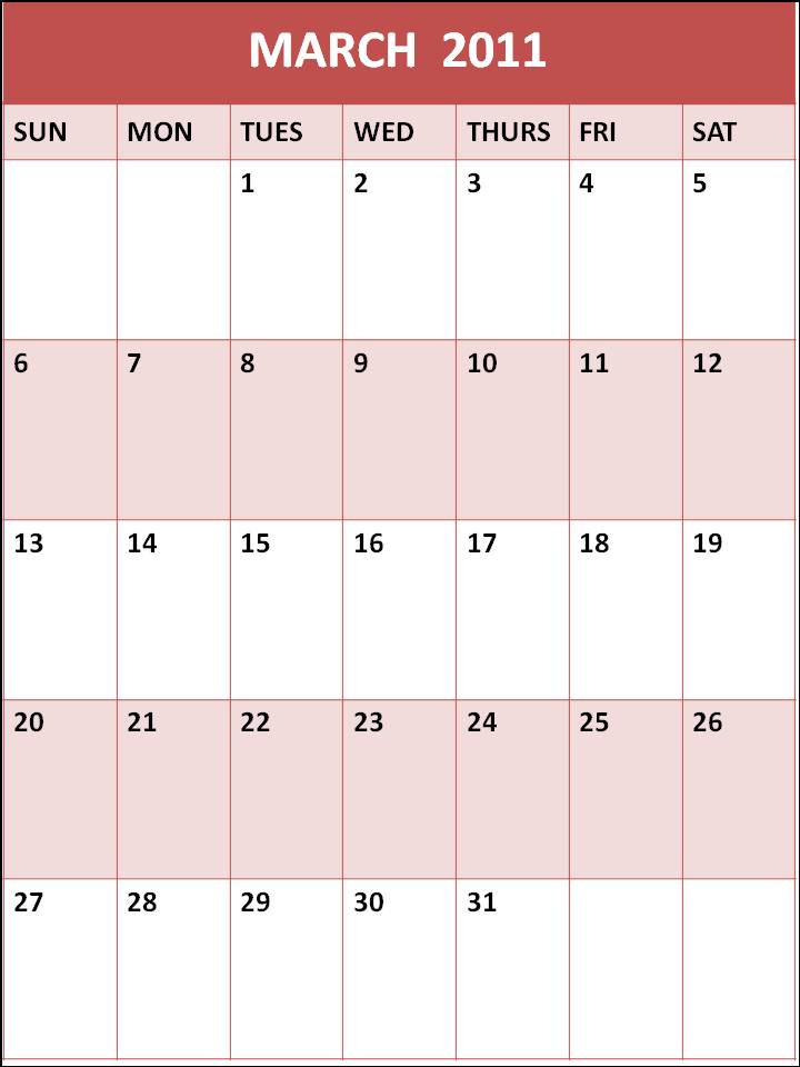 blank march calendar. Blank Calendar 2011 March or