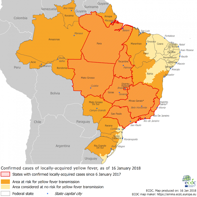 Áreas de risco para a febre amarela no Brasil, a partir de 16 de janeiro de 2018 