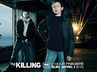 Mireille Enos as Sarah Linden and Joel Kinnaman as Stephen Holder on The Killing