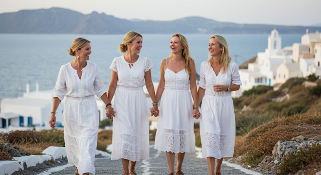Four women dressed in white walk hand in hand along a scenic path in a Mediterranean coastal village, smiling and laughing. The background features white buildings, blue domes, and the sea.