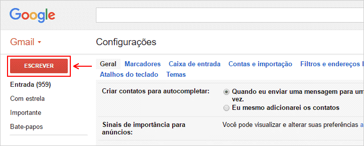 Botão Escrever - texto simples Gmail