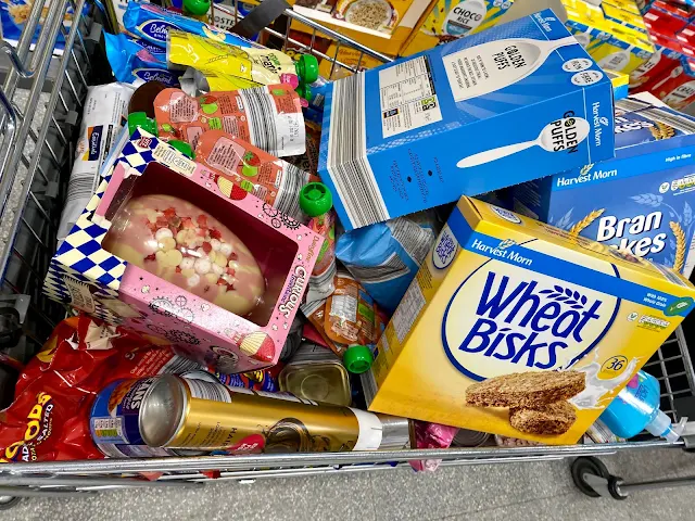 An Aldi trolley full of bargains to feed and look after the family. Includes cereal, crisps, soap, baby pouches, beans, porridge and more