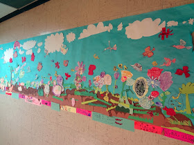 pollination art project, cut paper garden mural, spring science art project
