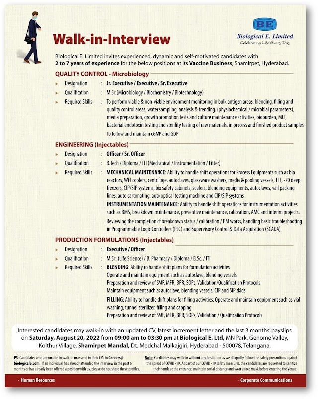 Biological E | Walk-in interview for Production/QC/Engg on 20th August 2022