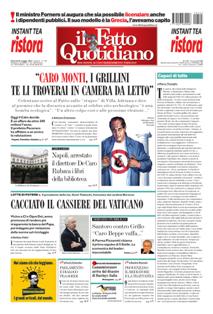 Il Fatto Quotidiano del 25 Maggio 2012 | ISSN 2037-089X | TRUE PDF | Quotidiano | Cronaca | Politica
Il quotidiano è edito dal 23 settembre 2009. L'uscita del giornale è stata preceduta da una lunga fase preparatoria iniziata il 28 maggio 2009 con l'annuncio del nuovo quotidiano dato sul blog voglioscendere.it da Marco Travaglio.
Il nome della testata è stato scelto in memoria del giornalista Enzo Biagi, conduttore del programma televisivo Il Fatto, mentre il logo del bambino con il megafono si ispira al quotidiano La Voce, in omaggio al suo fondatore Indro Montanelli.
L'editore ha manifestato la volontà di rinunciare ai fondi del finanziamento pubblico per l'editoria e di sovvenzionarsi soltanto con i proventi della pubblicità e delle vendite, e di usufruire solo delle tariffe postali agevolate per i prodotti editoriali sino alla loro abrogazione nell'aprile 2010.