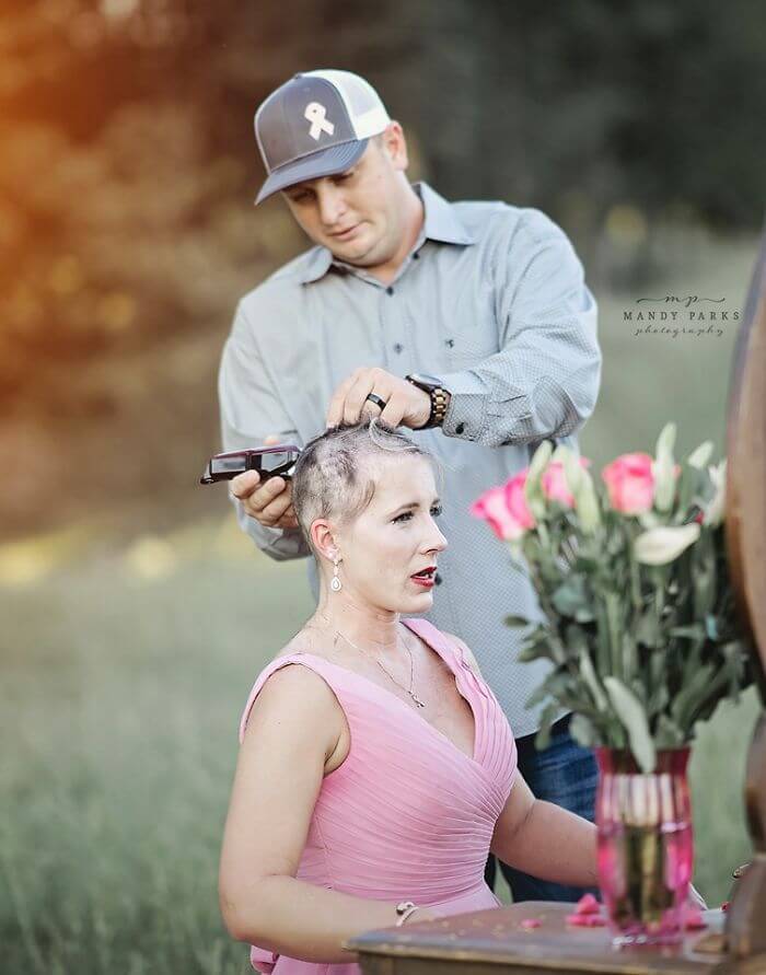 Powerful Photoshoot Of Woman Ready To Battle Breast Cancer While Her Husband Shaves Off Her Hair