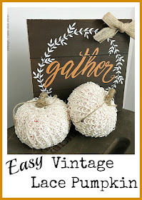 Vintage, Paint and more... cute little vintage lace pumpkins made from dollar store pumpkins by wrapping them with buttonhole trim and adding a twine stem