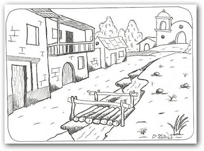 Dibujo para colorear paisaje con puente